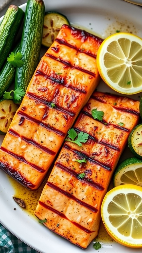 Grilled salmon fillets with lemon and herbs