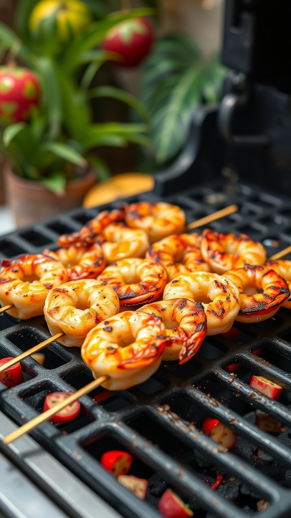Grilled teriyaki shrimp skewers on a grill