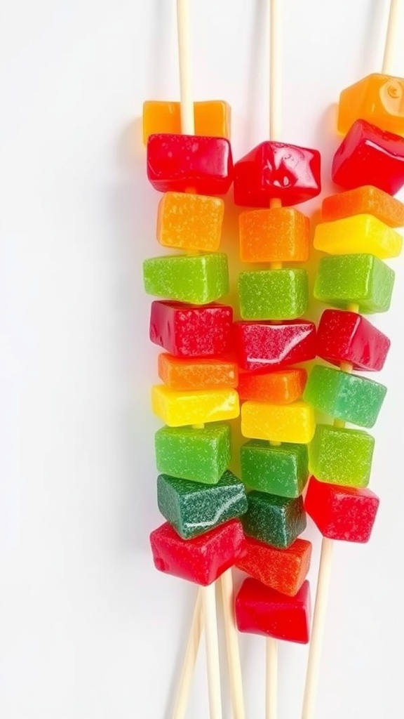 Colorful gummy candy kabobs on skewers