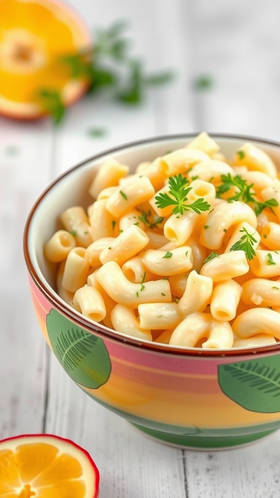 A bowl of creamy Hawaiian macaroni salad garnished with parsley.