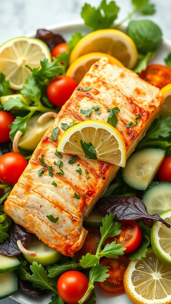 A plate of healthy salmon salad with mixed greens, cherry tomatoes, and lemon slices.