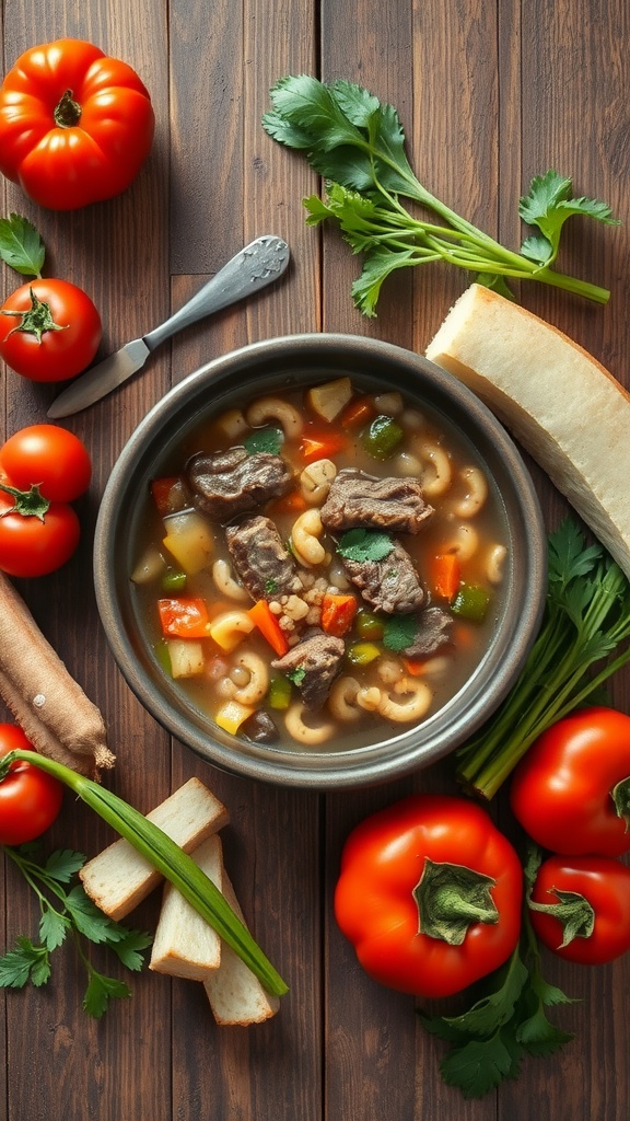 A bowl of hearty beef and barley soup surrounded by fresh vegetables.