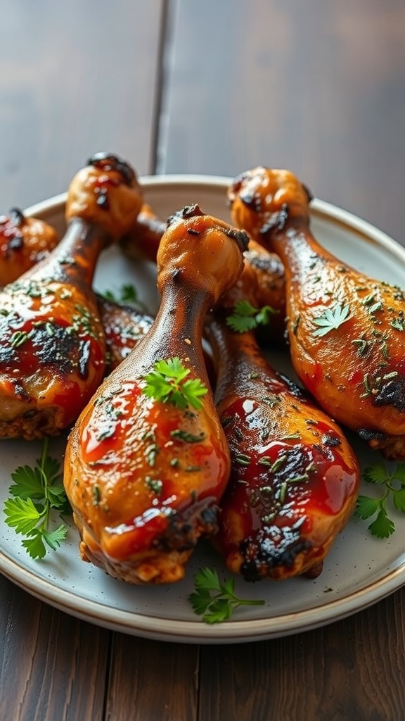 Plate of herb-crusted BBQ chicken drumsticks garnished with parsley.