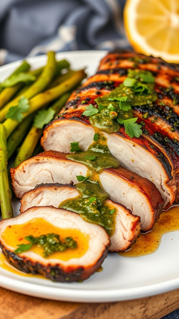 Herb-crusted pork tenderloin sliced and served with chimichurri and asparagus