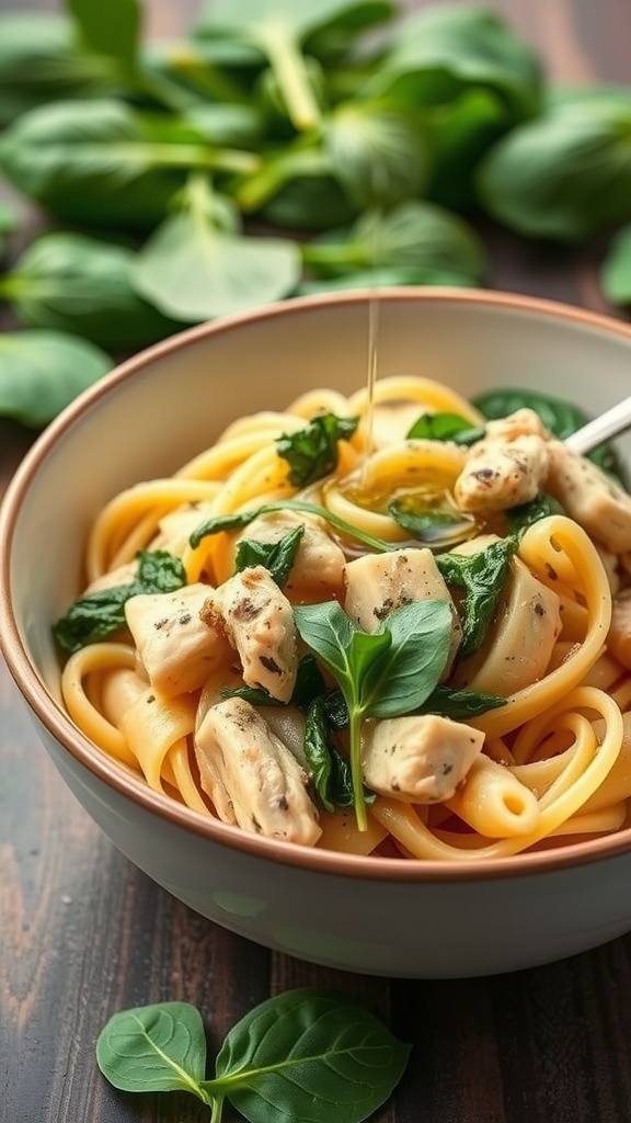 A bowl of herbed chicken and spinach pasta with fettuccine noodles.