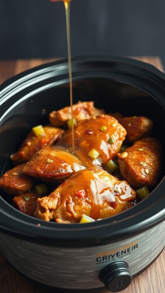 A close-up of honey garlic BBQ chicken in a crockpot, showcasing the sauce and ingredients.