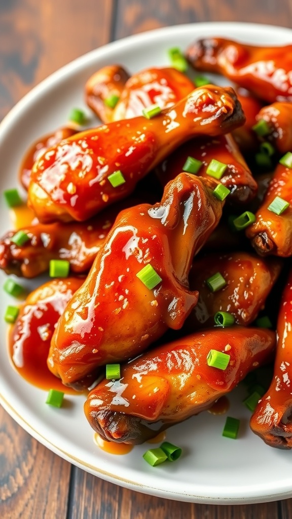 A plate of honey garlic glazed chicken wings garnished with chopped green onions.