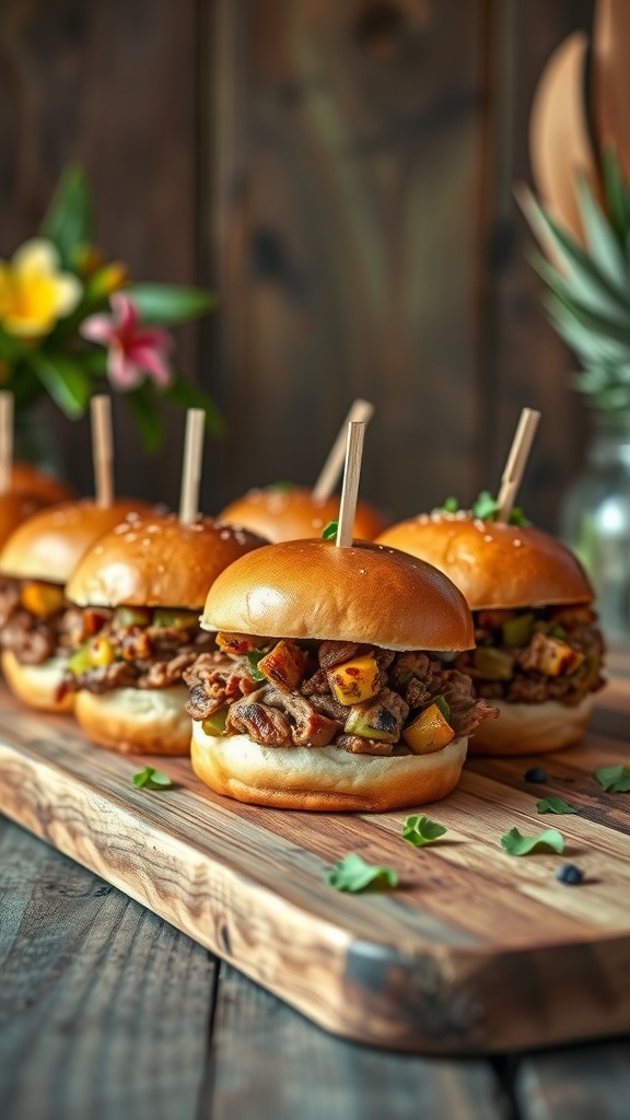 Delicious Kalua pork sliders served on a wooden platter.