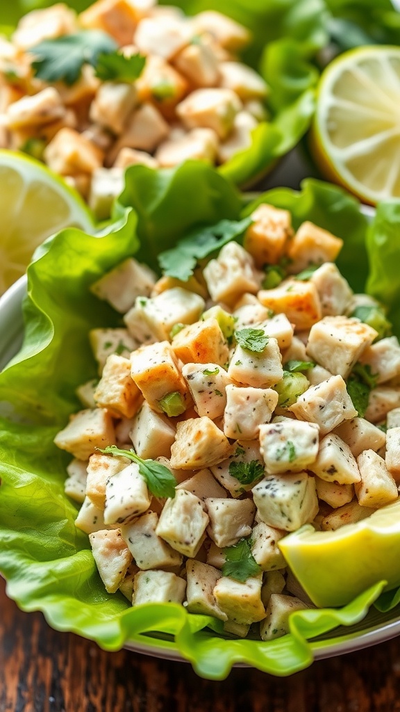 Keto Avocado Chicken Salad served in lettuce wraps with lime slices