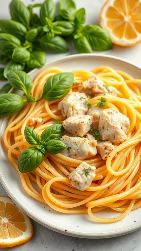 A plate of Lemon Basil Chicken Fettuccine garnished with fresh basil and lemon.