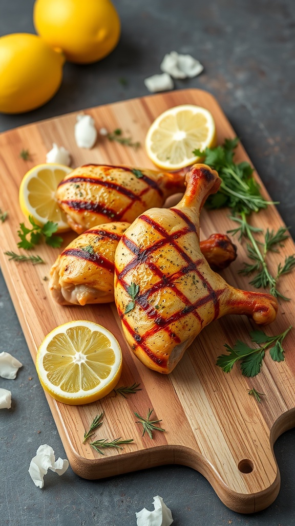 Delicious lemon herb grilled chicken legs on a cutting board with lemon slices and fresh herbs.