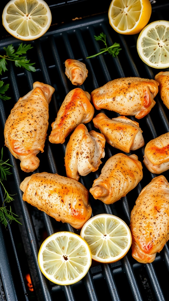 Grilled lemon pepper chicken wings on a barbecue grill
