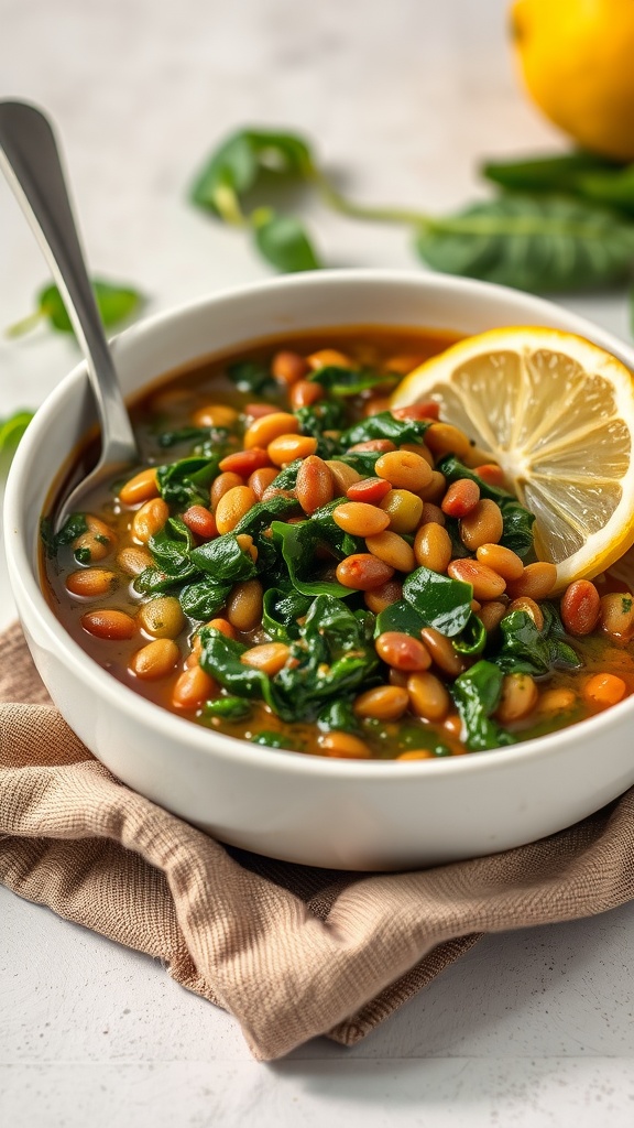 A bowl of lentil and spinach stew garnished with lemon slices.