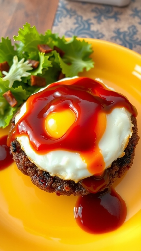 A delicious plate of Loco Moco topped with a sunny-side-up egg and BBQ sauce.