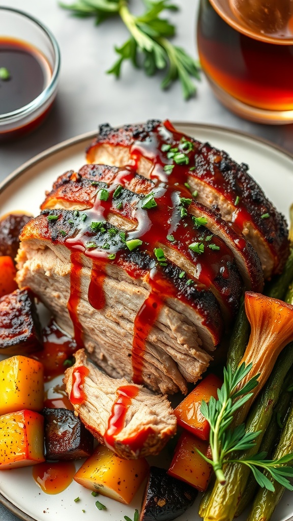 Maple Bourbon Glazed Pulled Pork with side vegetables