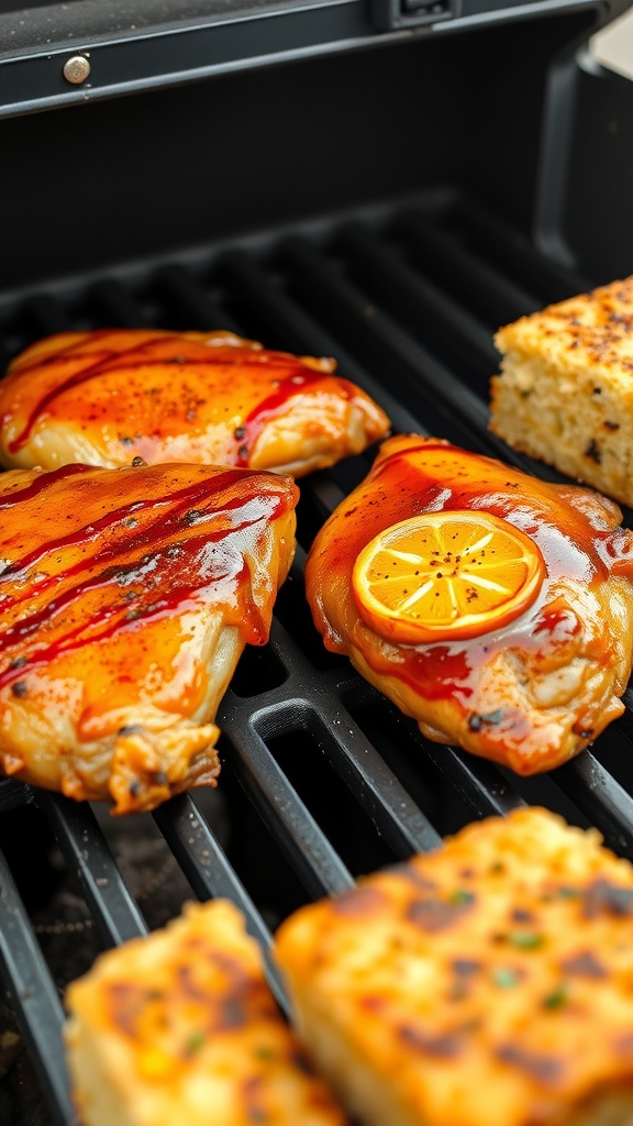 Maple Mustard BBQ Chicken Thighs cooking on grill