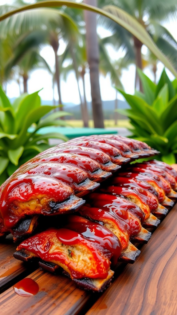 Delicious Maui Style BBQ Ribs on a wooden table with tropical plants in the background.