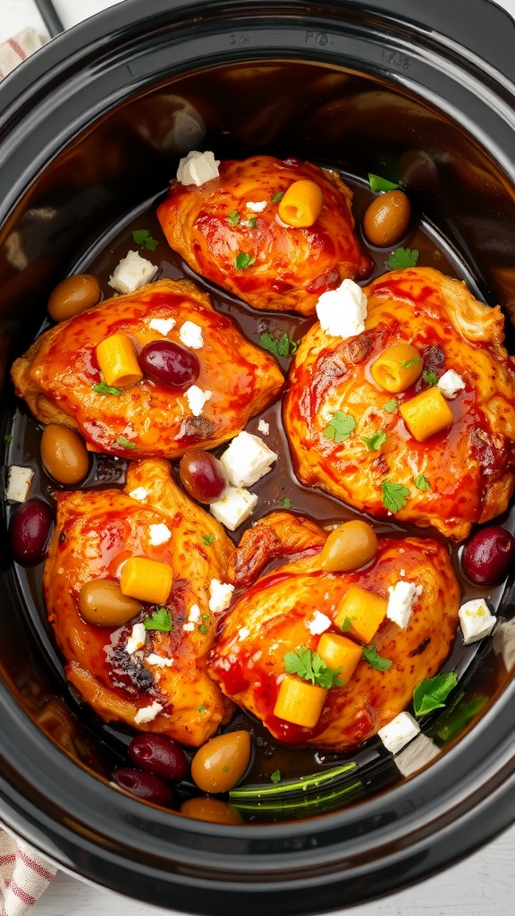 A slow cooker filled with Mediterranean BBQ Chicken featuring olives and cherry tomatoes.