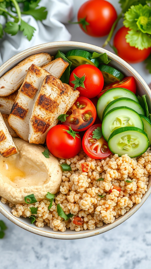 A bowl filled with grilled chicken, fresh vegetables, hummus, and grains.