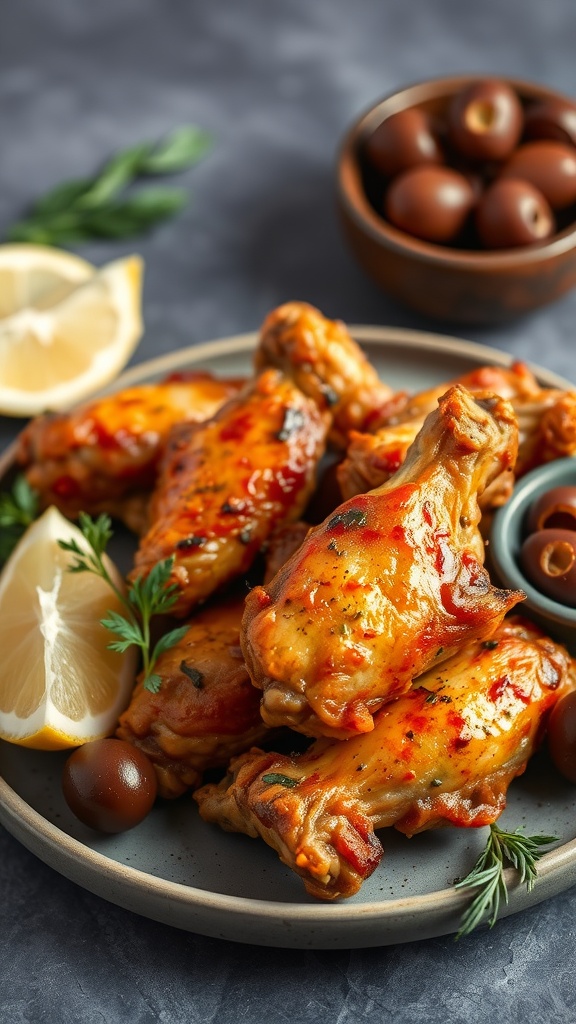 Plate of Mediterranean Herb Chicken Wings garnished with lemon and olives