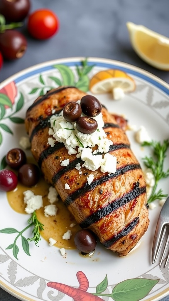 Mediterranean style BBQ pork tenderloin topped with feta and olives