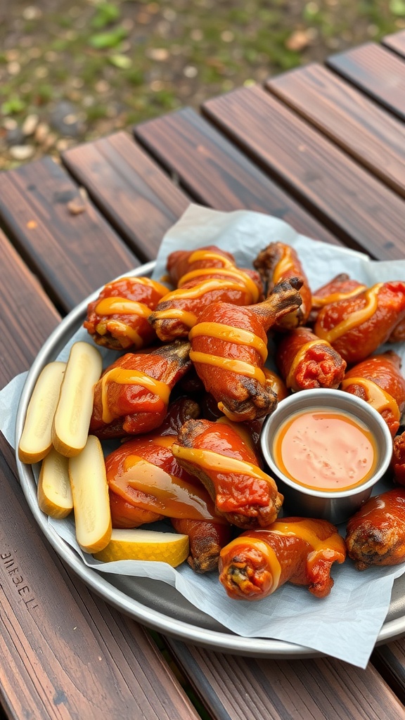 A platter of mustard BBQ chicken wings with lemon slices and dipping sauce.