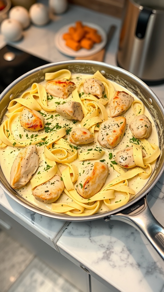 One-Pan Chicken Alfredo with pasta and chicken in creamy sauce