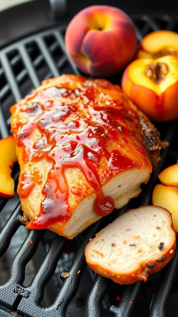 Peach Bourbon Glaze drizzled on grilled pork tenderloin with fresh peaches.