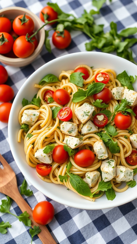 A vibrant bowl of Pesto Chicken Pasta Salad with tomatoes and fresh basil.
