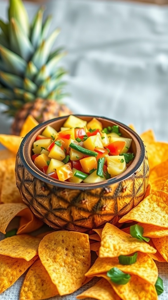 A bowl of pineapple salsa served with tortilla chips.