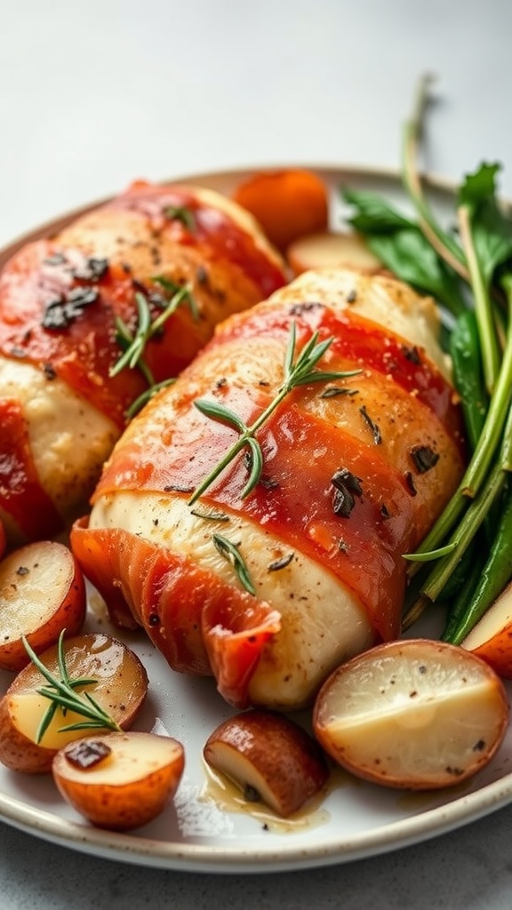 Prosciutto-Wrapped Chicken dish with potatoes and herbs