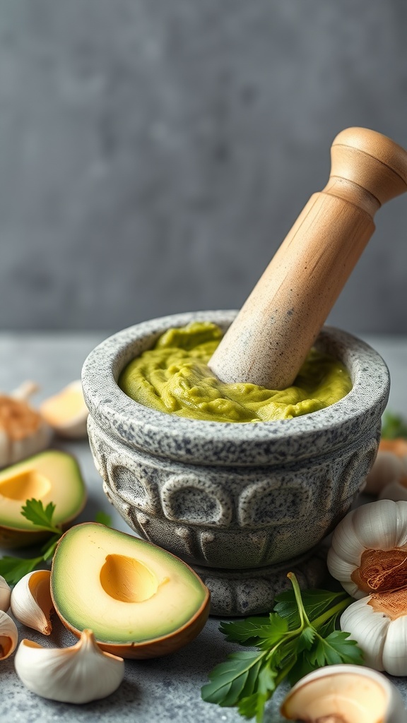 A bowl of creamy guacamole with roasted garlic and fresh ingredients.