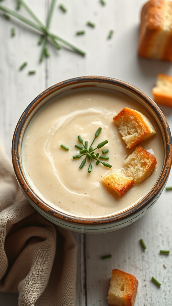 A bowl of creamy potato leek soup garnished with chives and croutons.