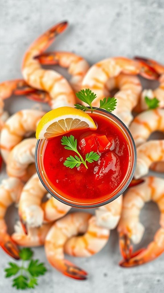 A classic shrimp cocktail served with cocktail sauce and lemon.