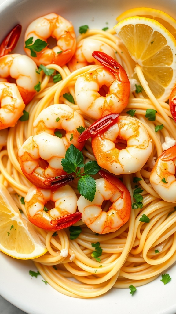 Shrimp Scampi with pasta and lemon slices