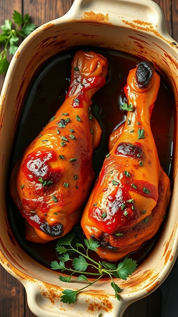 Delicious slow-cooked BBQ chicken drumsticks with fresh herbs