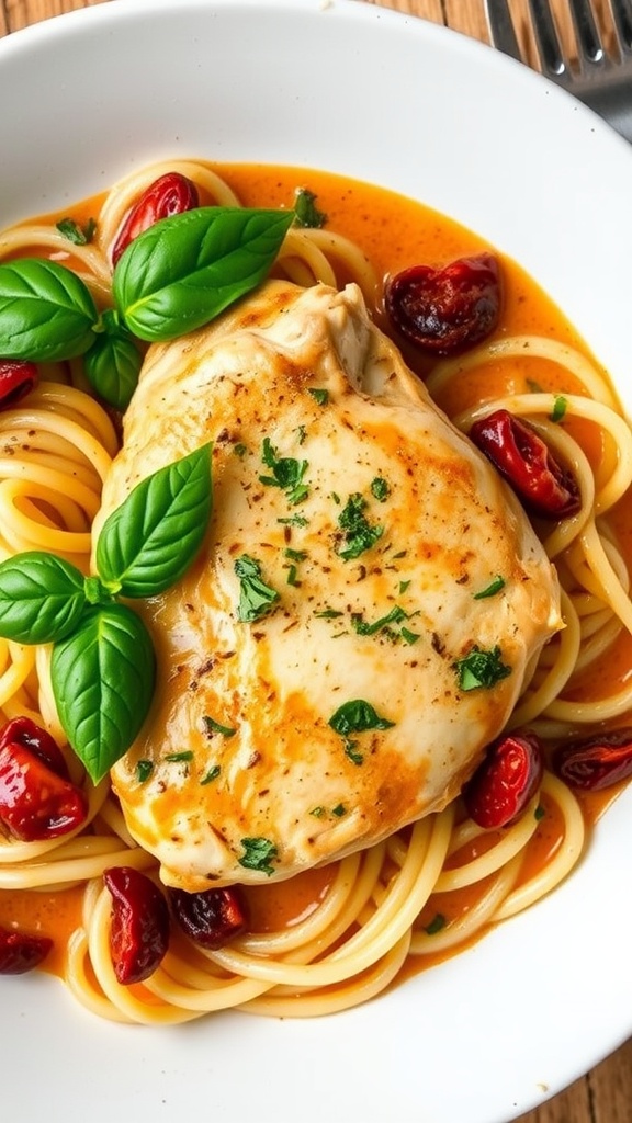 Delicious Slow Cooker Marry Me Chicken served with pasta and garnished with basil.