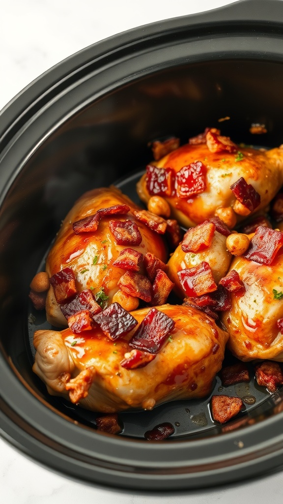 A crockpot filled with smoky BBQ chicken thighs topped with crispy bacon.