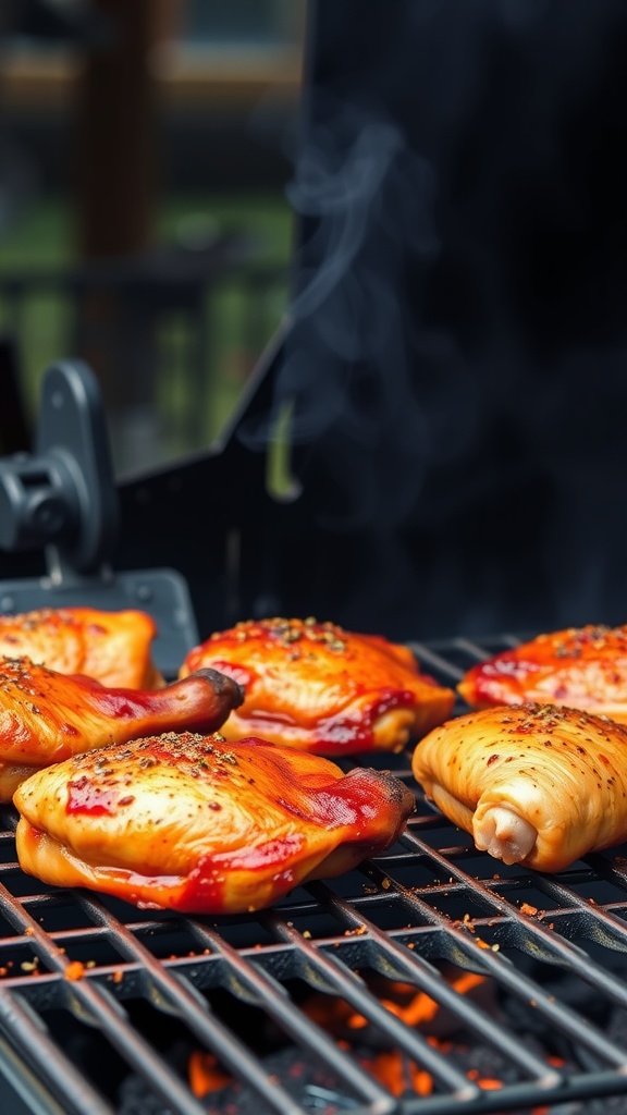 Grilled smoky chipotle BBQ chicken thighs on the grill