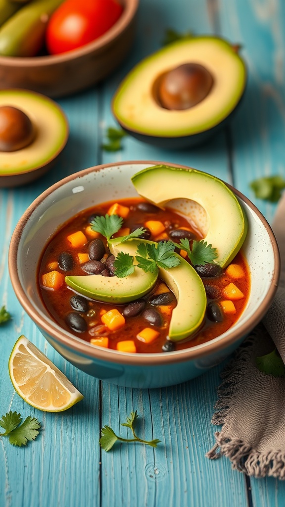 Bowl of spicy black bean and corn soup garnished with avocado and cilantro