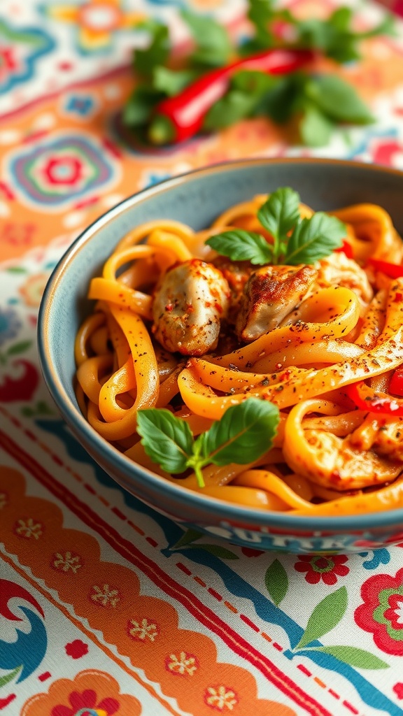 A bowl of Spicy Chicken Penne Arrabbiata garnished with basil on colorful tablecloth.