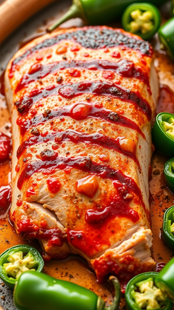 A marinated pork tenderloin surrounded by sliced jalapeños.