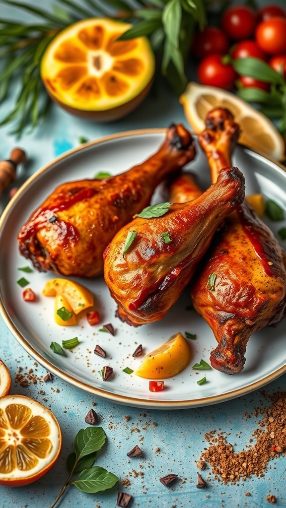 Spicy jerk BBQ chicken legs served with fresh herbs and citrus slices