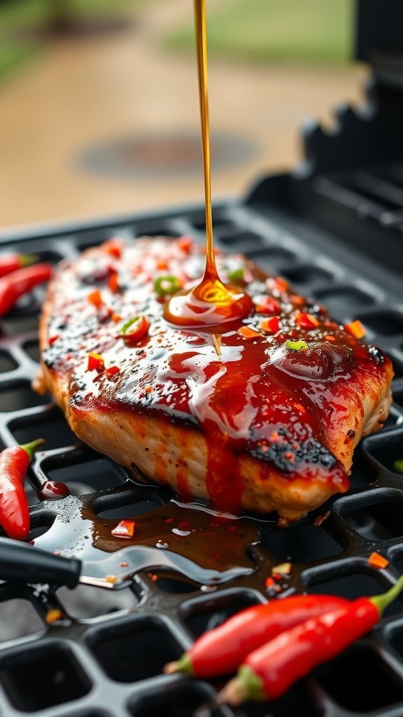 Sriracha honey glaze drizzled over grilled pork tenderloin
