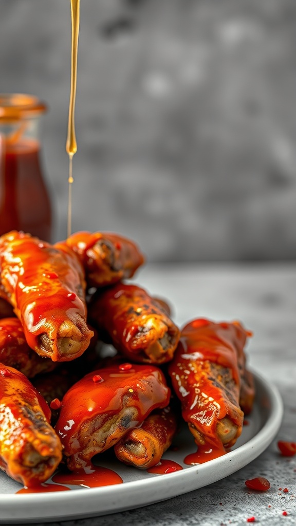 Deliciously glazed sriracha honey chicken wings stacked on a plate.