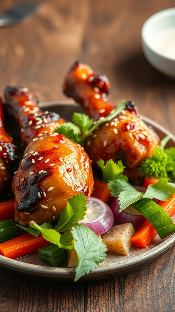 Platter of sticky Asian BBQ chicken legs garnished with herbs and served with vegetables.