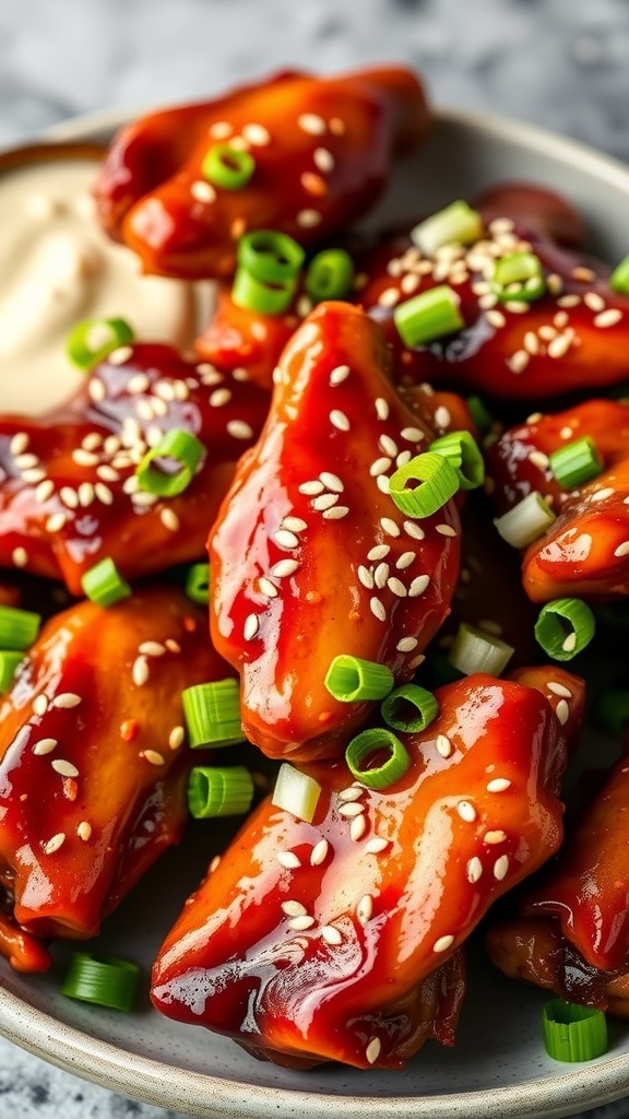 A plate of sweet and spicy Asian chicken wings garnished with green onions and sesame seeds.