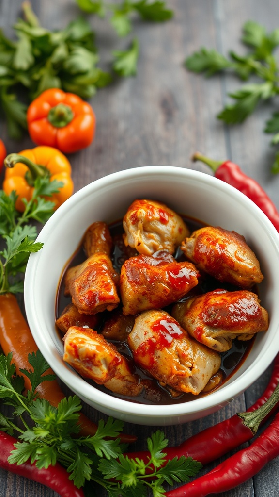 A bowl of sweet and spicy BBQ chicken with a rich sauce, surrounded by colorful peppers and herbs.