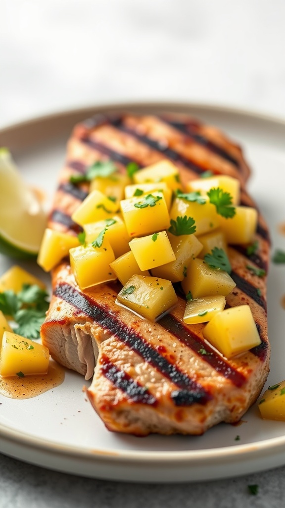 A plate of grilled pork tenderloin topped with fresh pineapple salsa.
