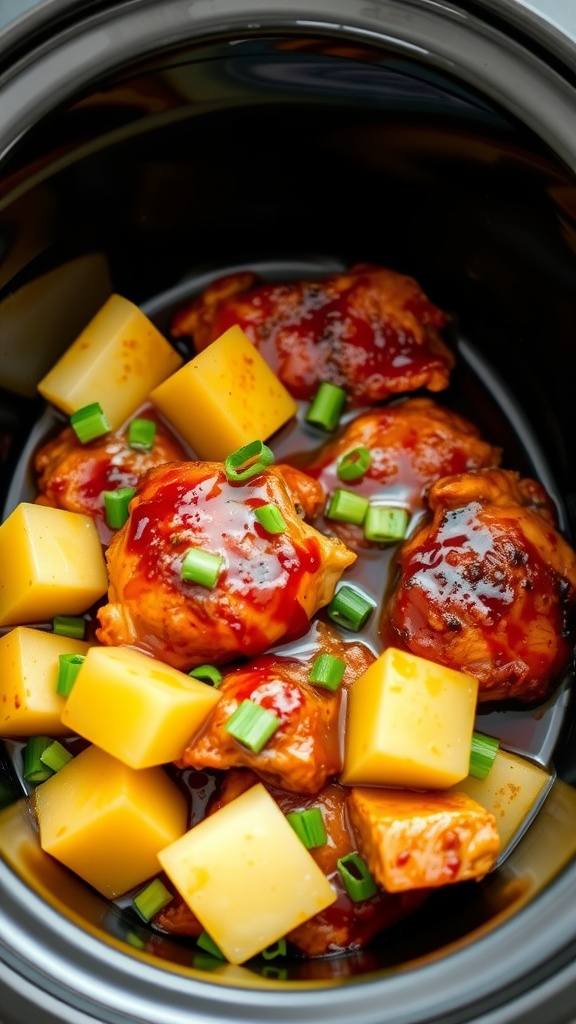 A close-up of chicken thighs in teriyaki sauce with pineapple and green onions.
